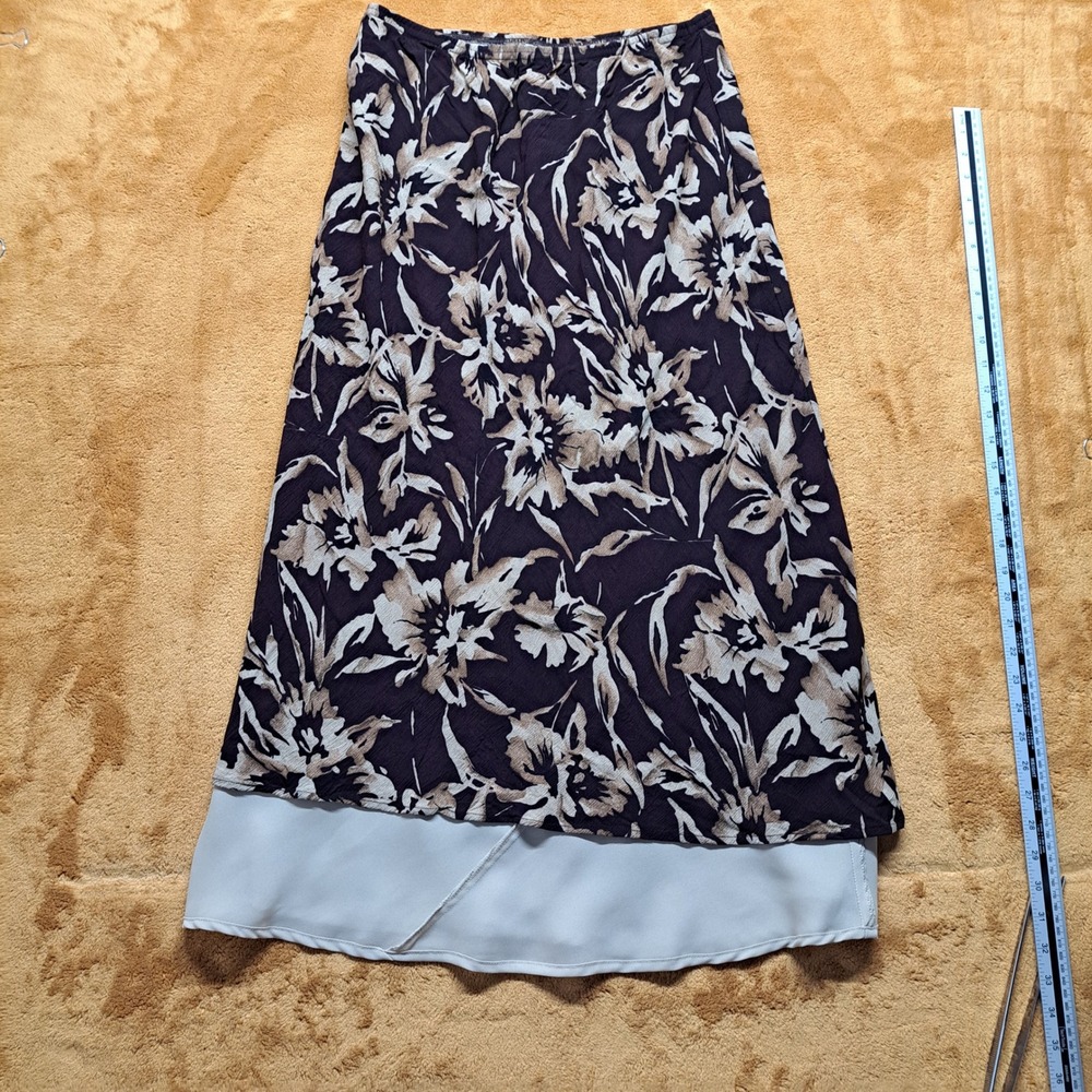 Carole Little Maxi Skirt Women 12 Brown Floral Excellent Rayon Layered A-Line